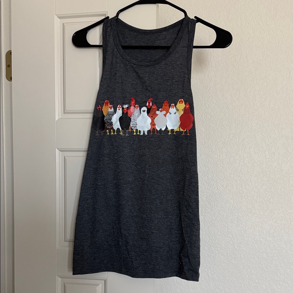 Gray Tank Top with Colorful Chicken Print
